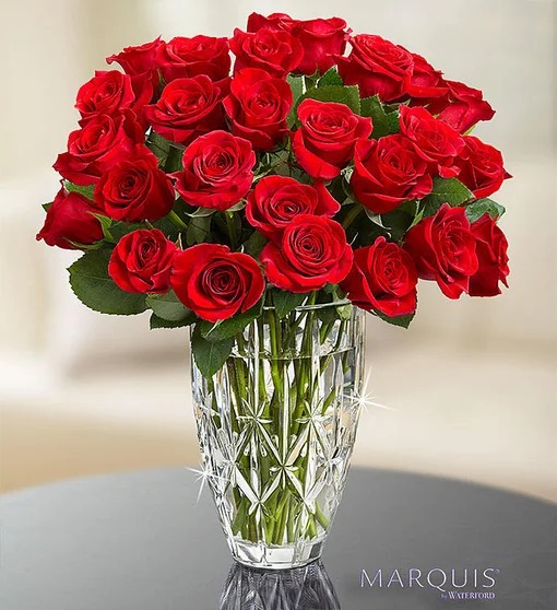 Red Roses in Marquis by Waterford Vase Flower Bouquet