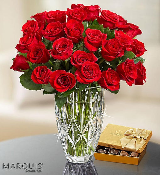 Red Roses in Marquis by Waterford Vase Flower Bouquet