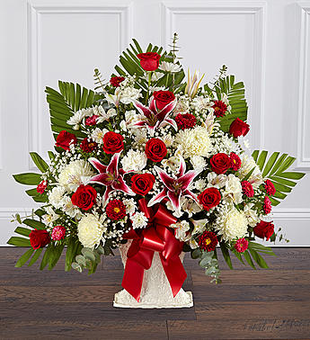 Red Rose and Lily Floor Basket Flower Bouquet