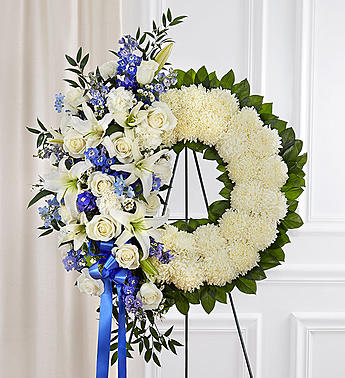 Serene Blessings™ Standing Wreath- Blue & White Flower Bouquet