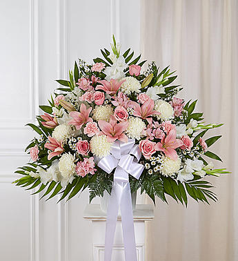 Heartfelt Sympathies™ Standing Basket- Pink & White Flower Bouquet