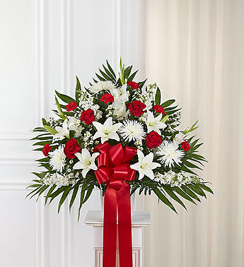 Heartfelt Sympathies™ Standing Basket- Red & White Flower Bouquet