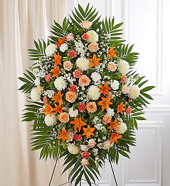 Peach, Orange & White Sympathy Standing Spray Flower Bouquet