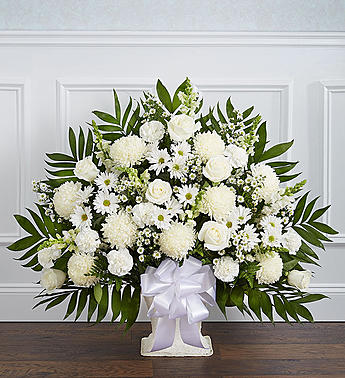 Heartfelt Tribute Floor Basket- White Flower Bouquet