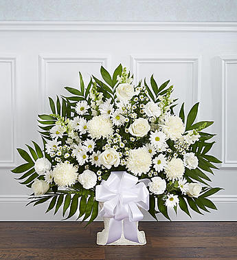 Heartfelt Tribute Floor Basket- White Flower Bouquet