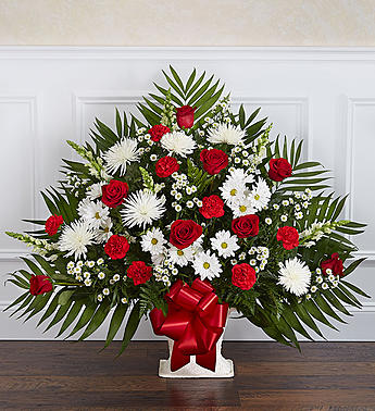 Heartfelt Tribute Floor Basket- Red & White Flower Bouquet