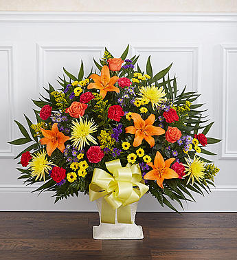 Heartfelt Tribute Floor Basket- Bright Flower Bouquet