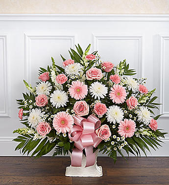 Heartfelt Tribute Floor Basket- Pink & White Flower Bouquet