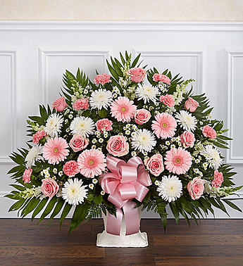 Heartfelt Tribute Floor Basket- Pink & White Flower Bouquet