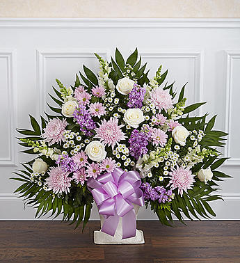 Heartfelt Tribute Floor Basket- Lavender & White Flower Bouquet