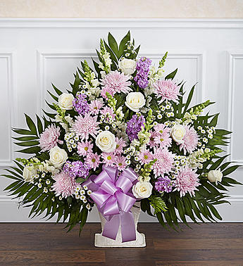 Heartfelt Tribute Floor Basket- Lavender & White Flower Bouquet