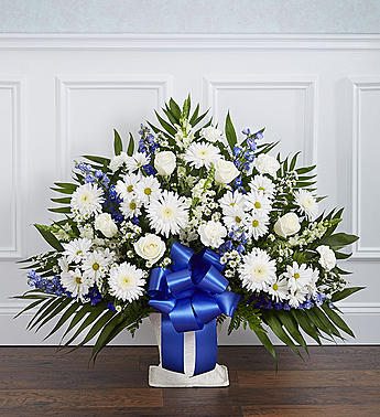 Heartfelt Tribute Floor Basket- Blue & White Flower Bouquet
