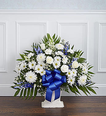 Heartfelt Tribute Floor Basket- Blue & White Flower Bouquet