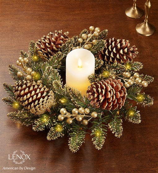 Glittery Gold Pine Centerpiece and Lenox Wonderball Flower Bouquet