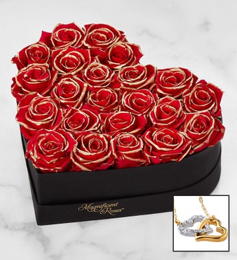 Magnificent Roses Preserved Gold Kissed Red Heart with Necklace
