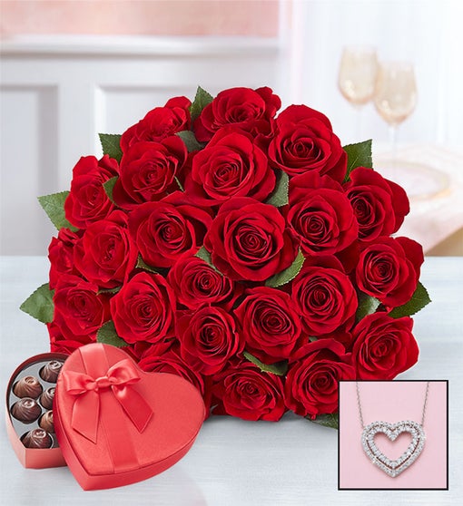 Romantic Red Roses with Heart Necklace Flower Bouquet