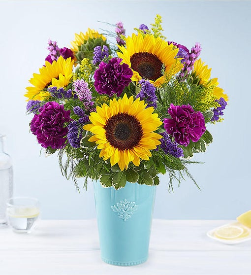Golden Sunflowers™ in Rustic Charm Vase Flower Bouquet