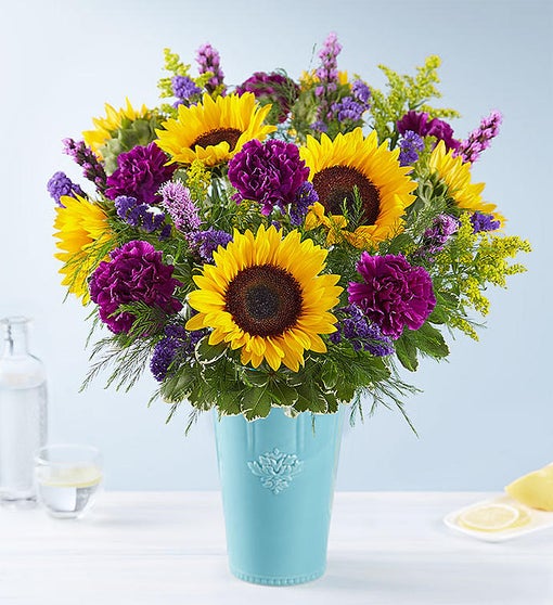 Golden Sunflowers™ in Rustic Charm Vase Flower Bouquet