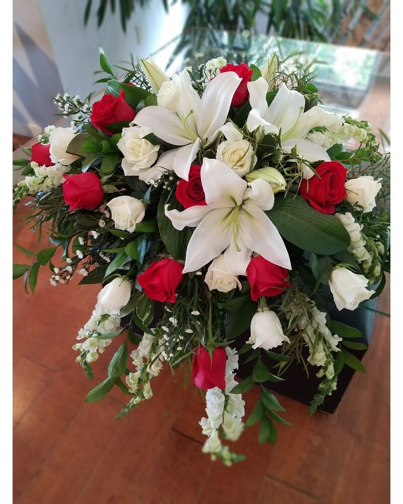 Red Roses and White Lily Casket Spray