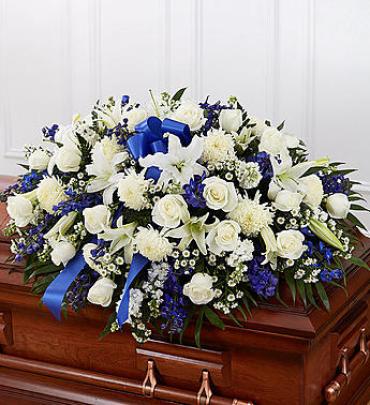 Blue And White Half Casket Cover Flower Bouquet