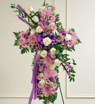 Lavender and White Standing Cross
 Flower Bouquet