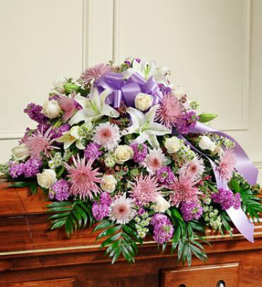 Cherished Memories Lavender Half Casket Cover
 Flower Bouquet