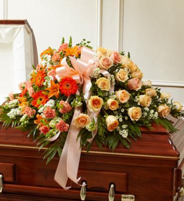 Peach, Orange, and White Half Casket Cover
 Flower Bouquet