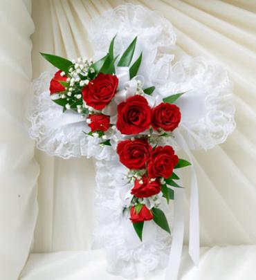 Red and White Satin Cross Casket Pillow
 Flower Bouquet