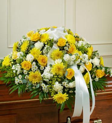 Yellow and White Half Casket Cover
 Flower Bouquet