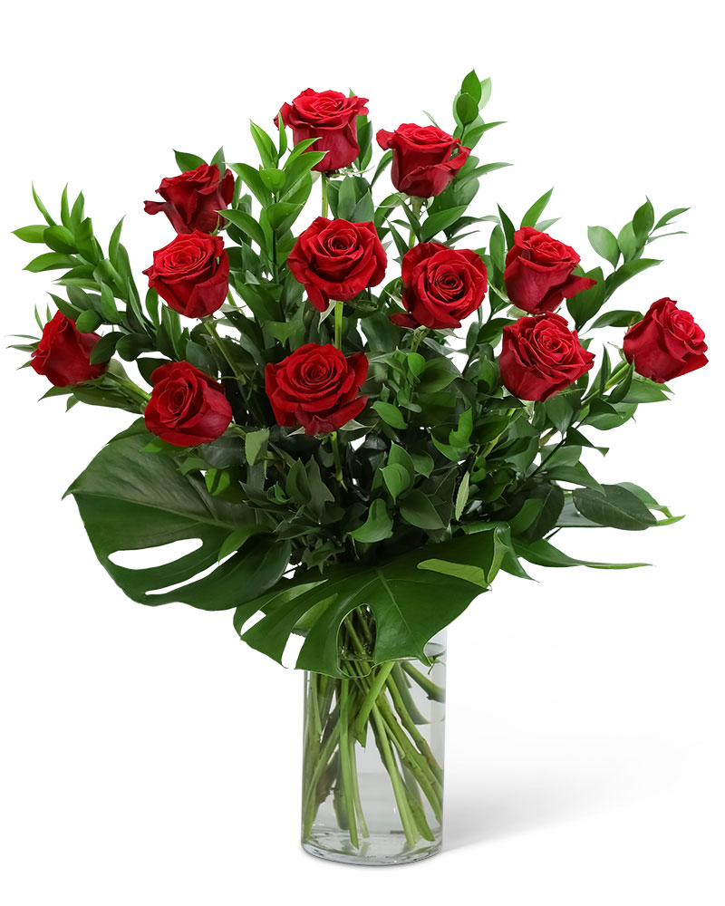Red Roses with Modern Foliage (12) Flower Bouquet