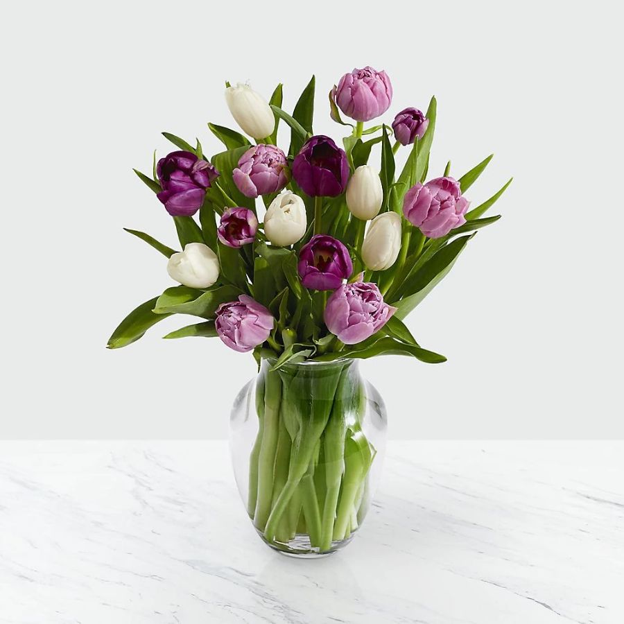 15 Darling Lavender & White Tulips with Vase Flower Bouquet