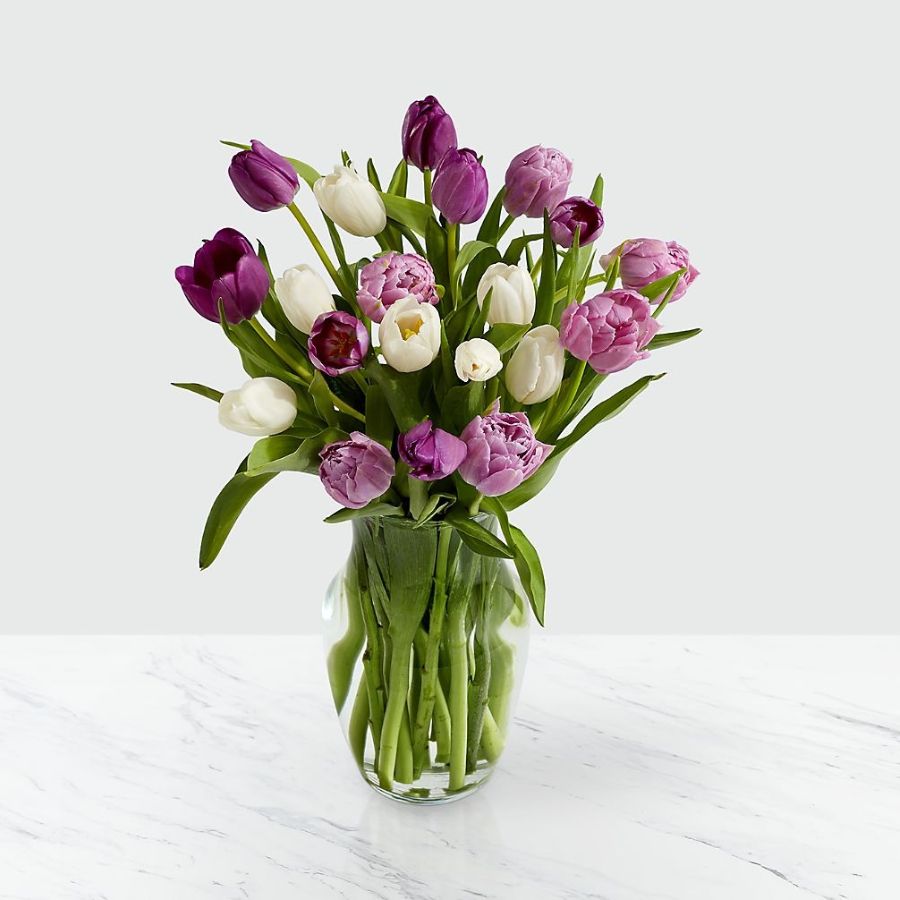 15 Darling Lavender & White Tulips with Vase Flower Bouquet
