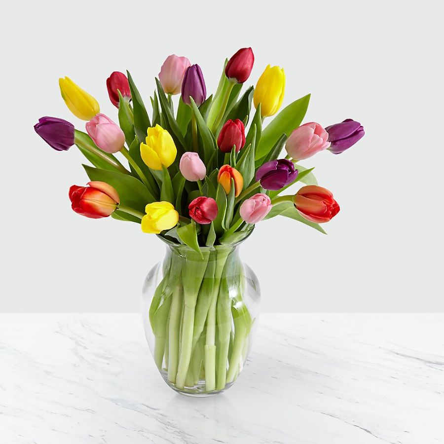 Rush of Color Assorted Tulip Bouquet - 30 Stems - Vase Included