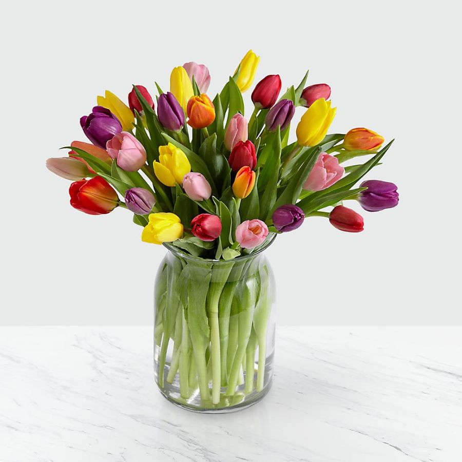 Rush of Color Assorted Tulip Bouquet - 30 Stems - Vase Included Flower Bouquet