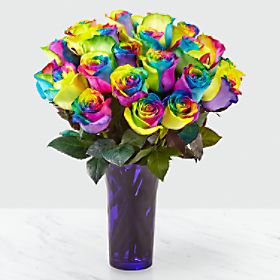 Time to Celebrate Rainbow Rose Bouquet - 24 Stems - Vase Included
