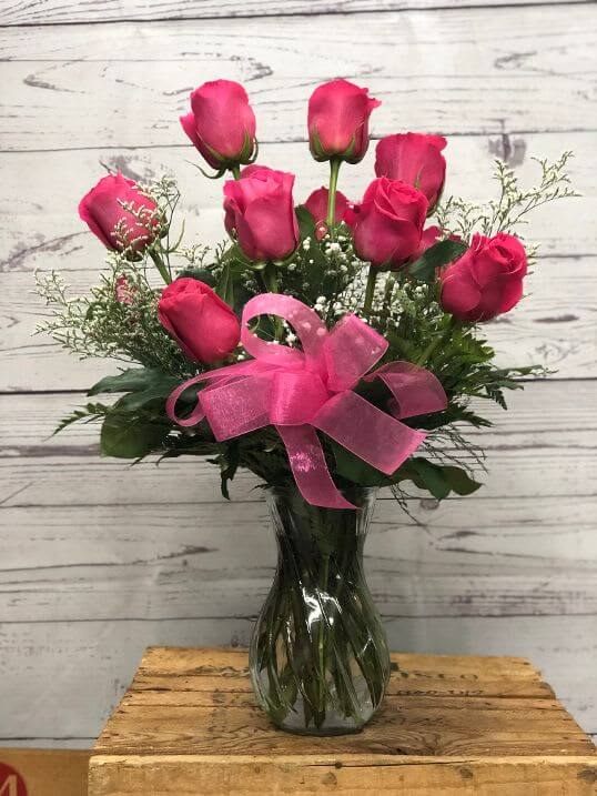 Pink Roses in Clear Vase, Dozen or 2 Dozen in Edwardsville, IL | Goff ...