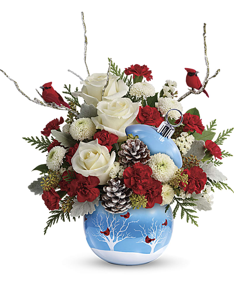 Teleflora's Cardinals In The Snow Ornament Flower Bouquet