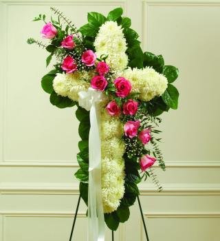 White Cross with Pink Roses