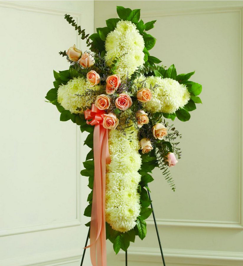 White Cross with Peach Roses