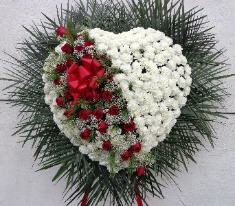 White Carnation Heart with Red Roses