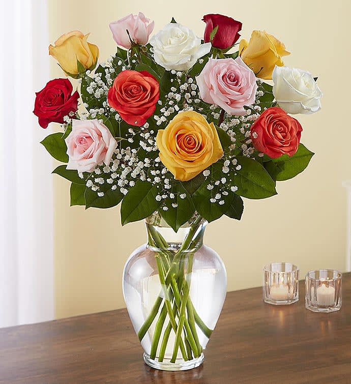 Assorted Roses in Glass Vase with fillers Flower Bouquet