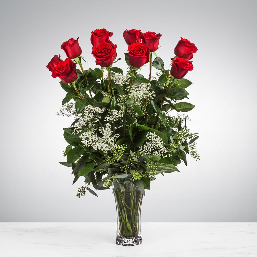 Dozen Long Stemmed Roses With Baby's Breath By BloomNation™