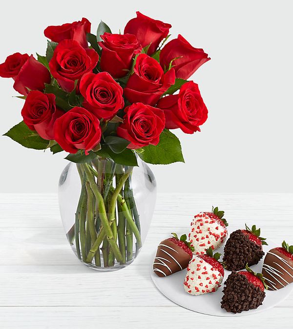 One Dozen Red Roses with 6 Valentine's Strawberries