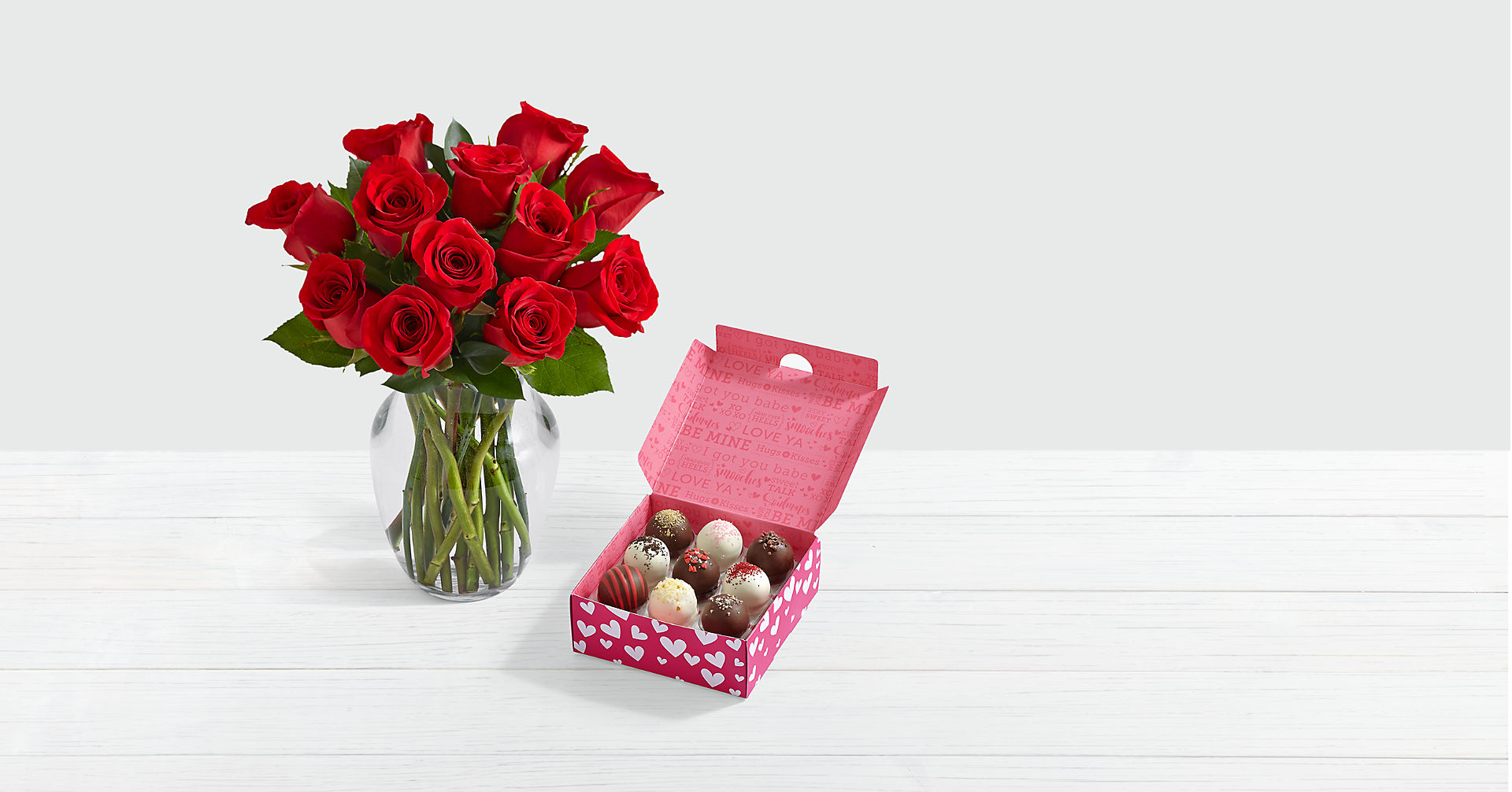 One Dozen Red Roses with 9 Valentine's Cake Truffles Flower Bouquet