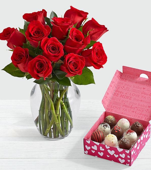 One Dozen Red Roses with 9 Valentine's Cake Truffles