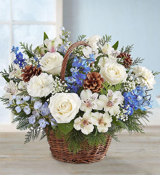 Winter Wishes in Willow Basket Flower Bouquet