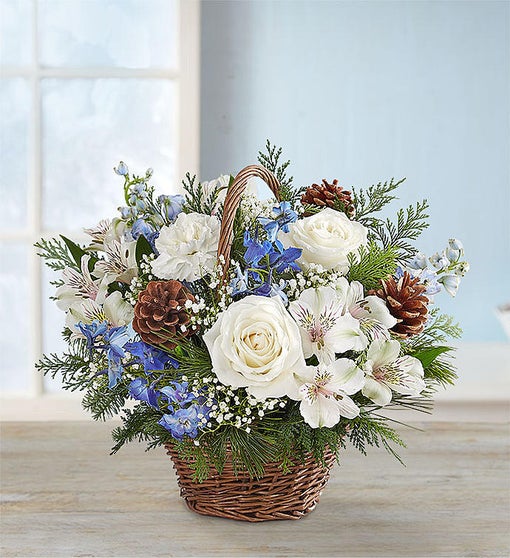 Winter Wishes in Willow Basket Flower Bouquet